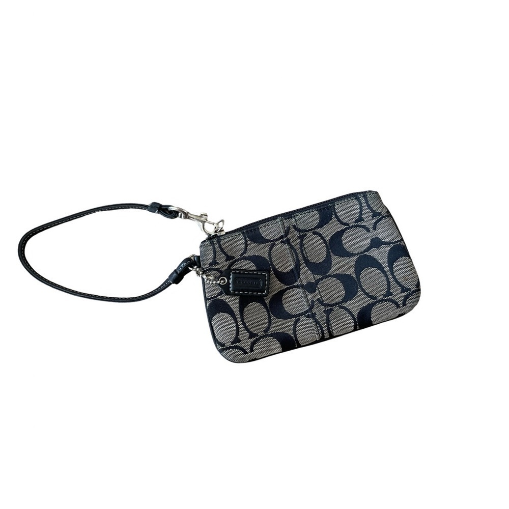 Coach Gray and Black Monogram Signature Jacquard Top Zip Pouch Wristlet